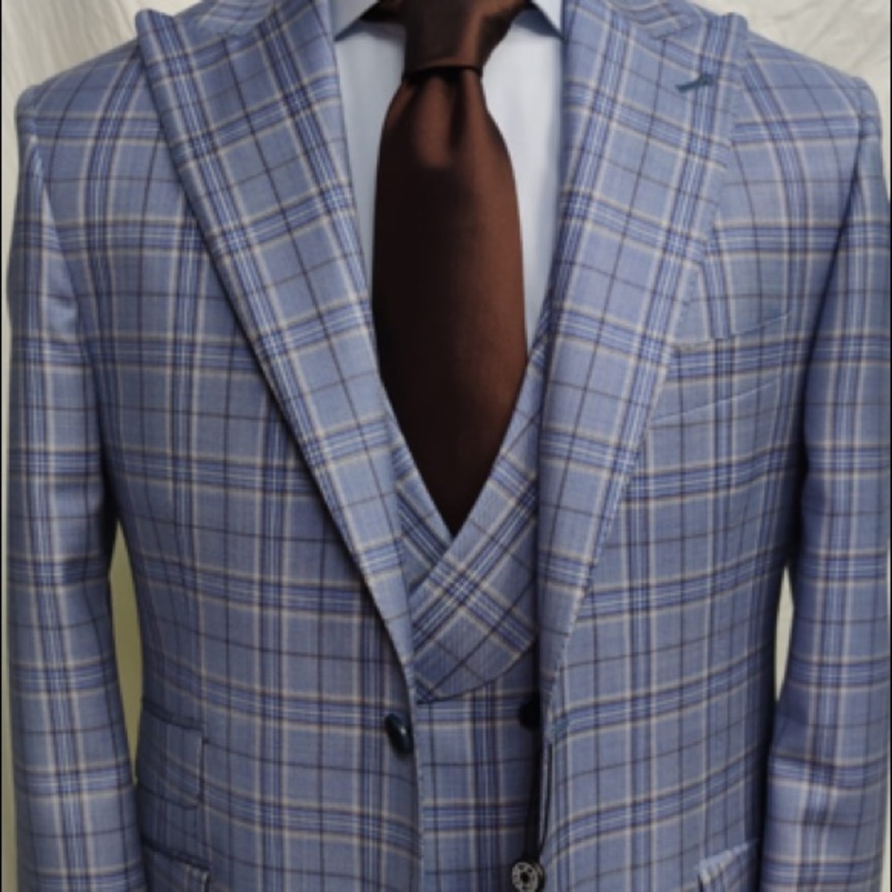 Light blue 3 piece plaid double breasted wool suit